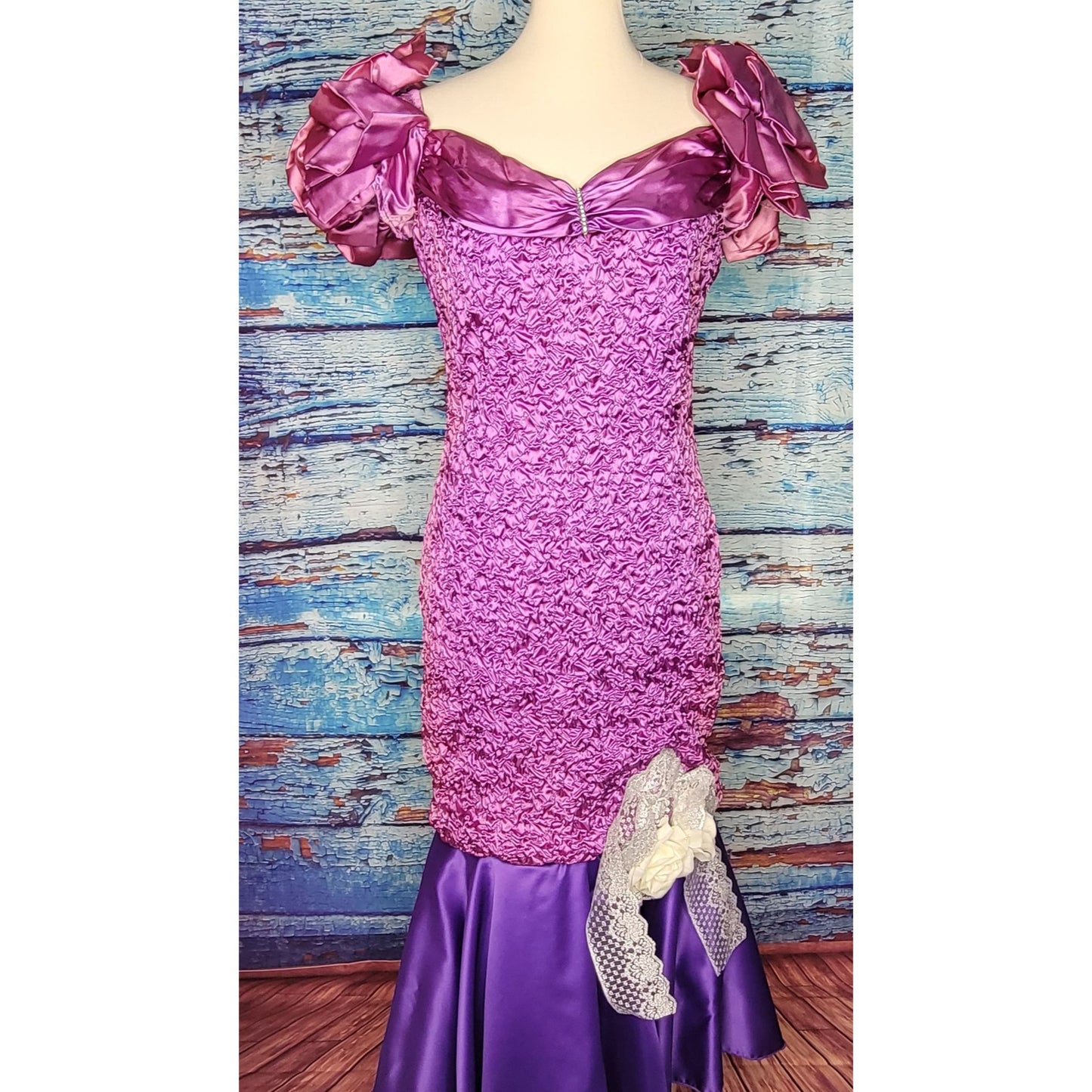 Vintage 1980's Crinkle Prom Dress, Puffy Sleeves, Mermaid ruffle