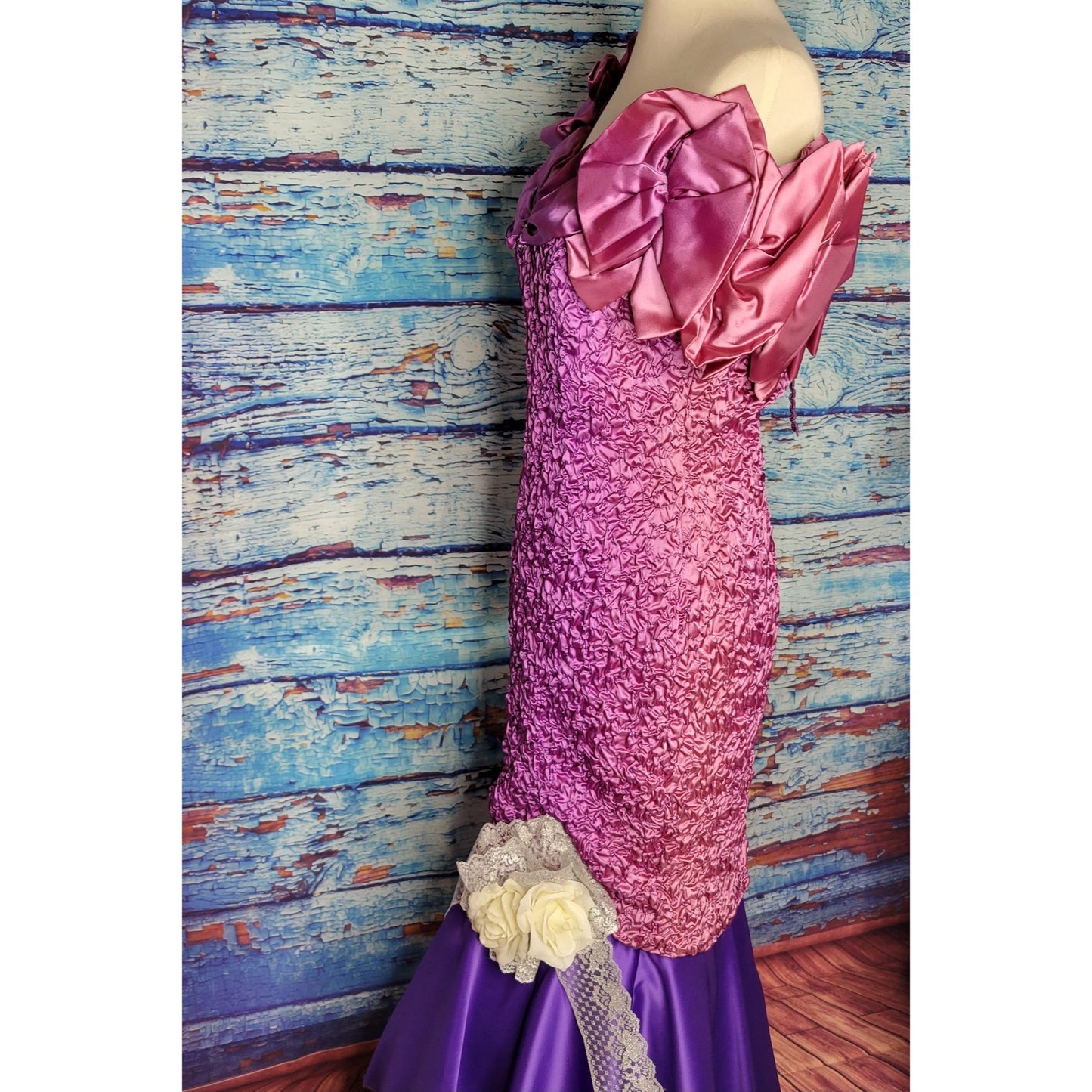 Vintage 1980's Crinkle Prom Dress, Puffy Sleeves, Mermaid ruffle