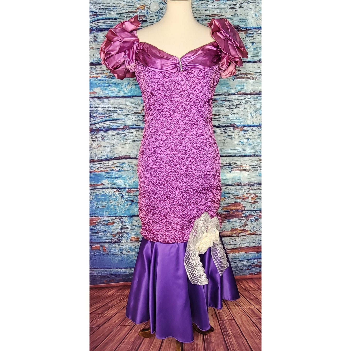 Vintage 1980's Crinkle Prom Dress, Puffy Sleeves, Mermaid ruffle