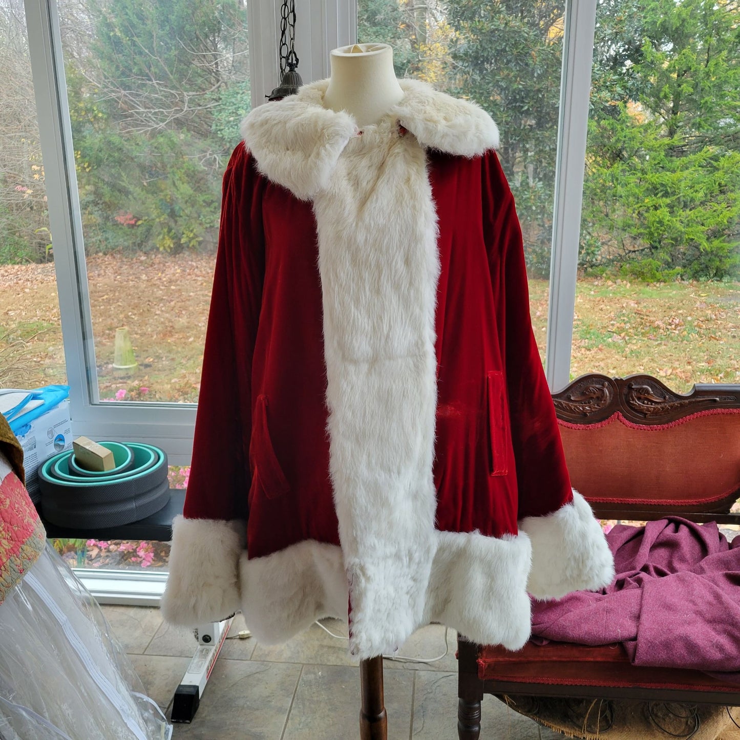 Deep Red Velvet & White Rabbit Fur Santa Suit