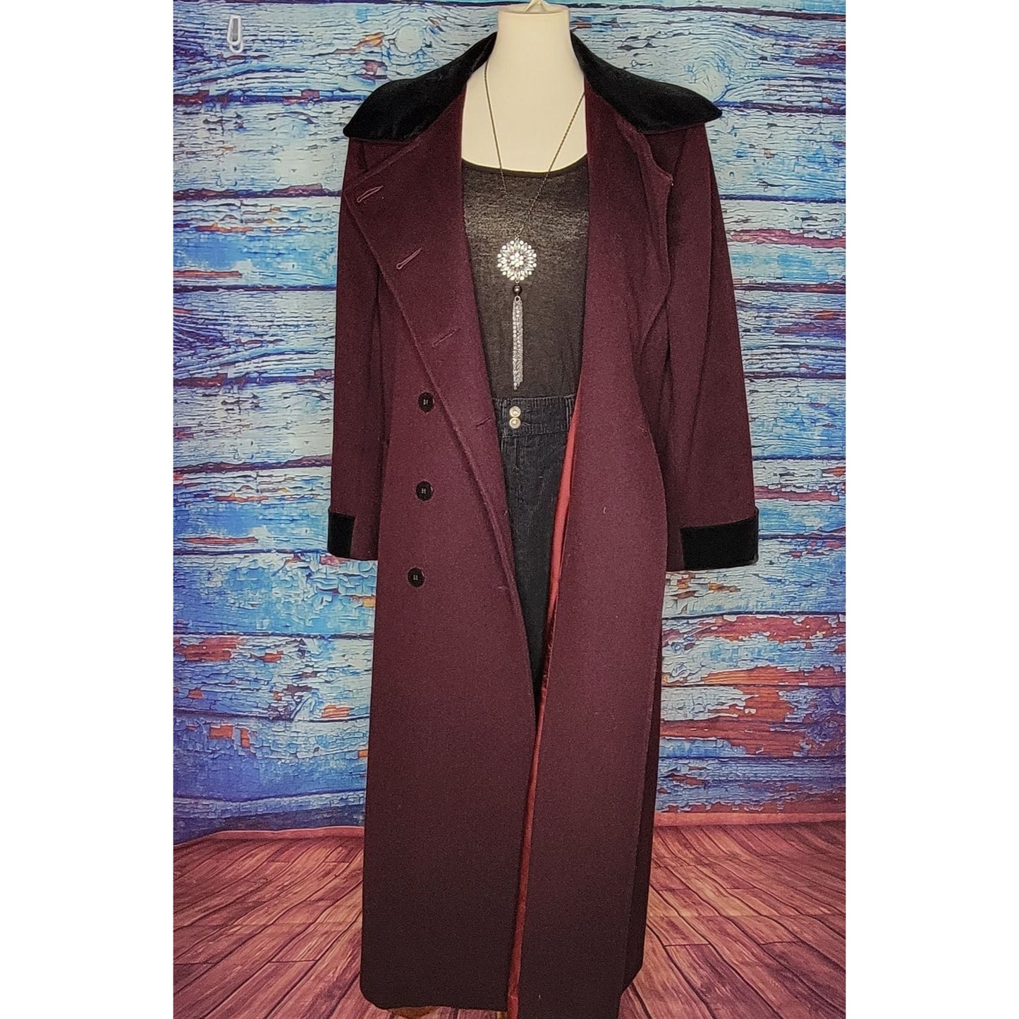VTG Full Length Plum Colored Wool Coat w/ Velour collar and sleeves