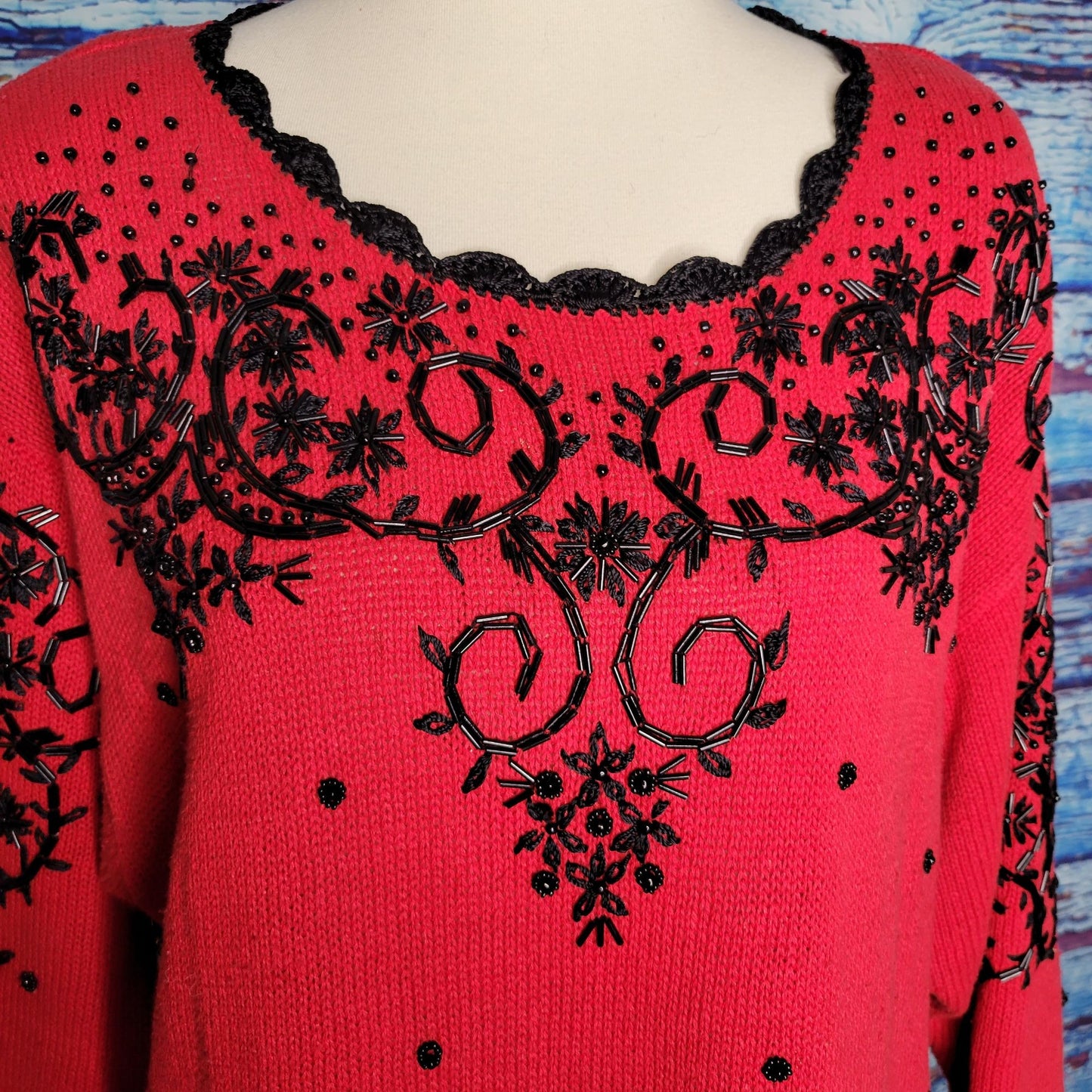 Vintage Red & Black Beaded Christmas Sweater by Work In Progress