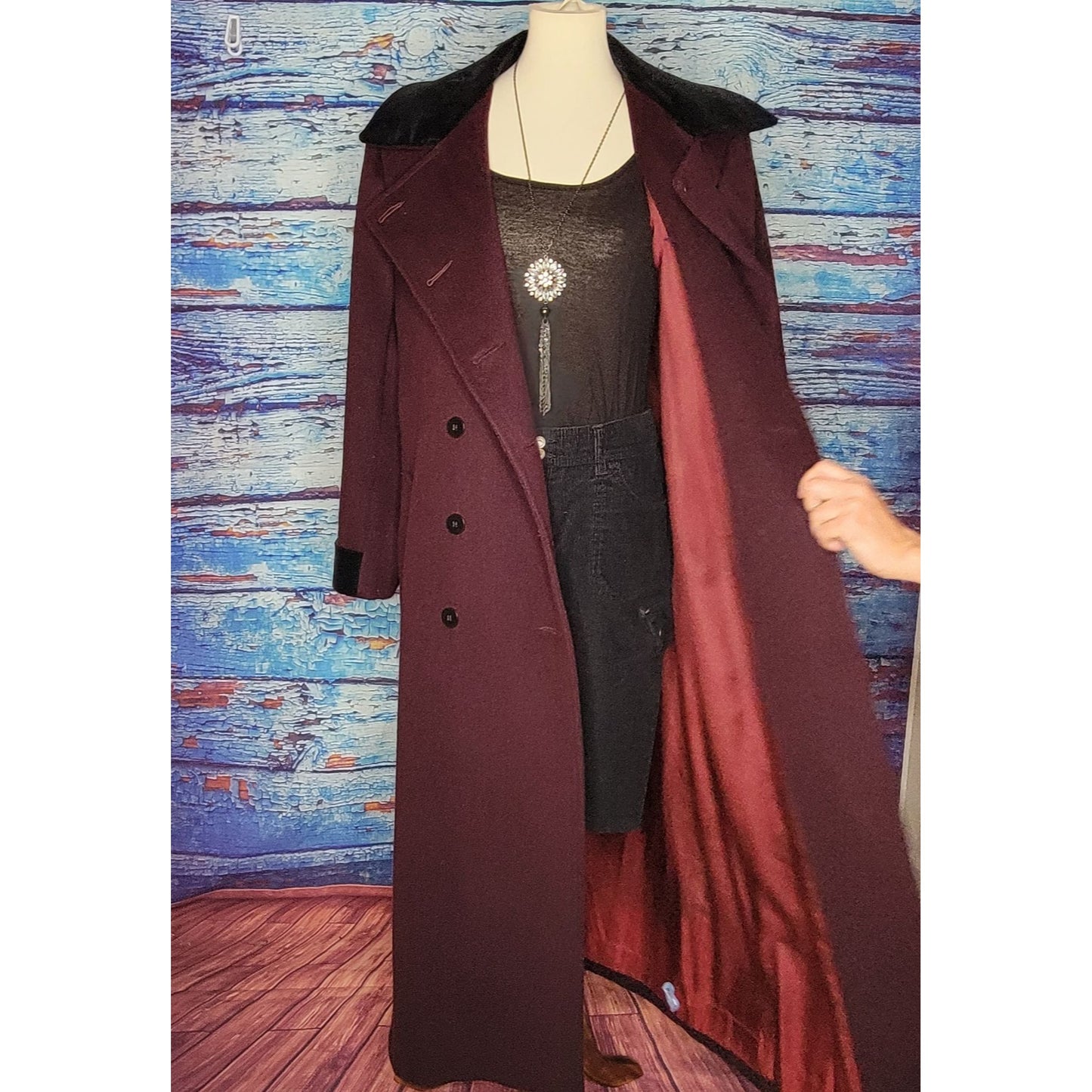 VTG Full Length Plum Colored Wool Coat w/ Velour collar and sleeves