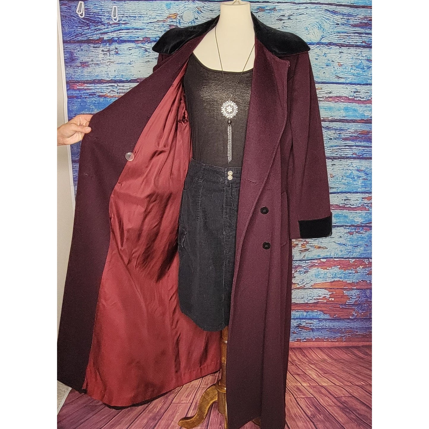 VTG Full Length Plum Colored Wool Coat w/ Velour collar and sleeves