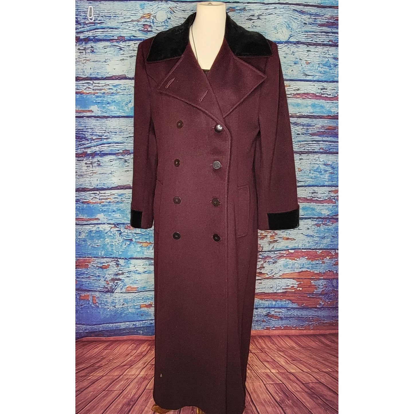 VTG Full Length Plum Colored Wool Coat w/ Velour collar and sleeves