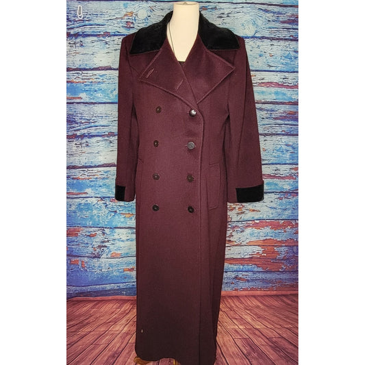VTG Full Length Plum Colored Wool Coat w/ Velour collar and sleeves
