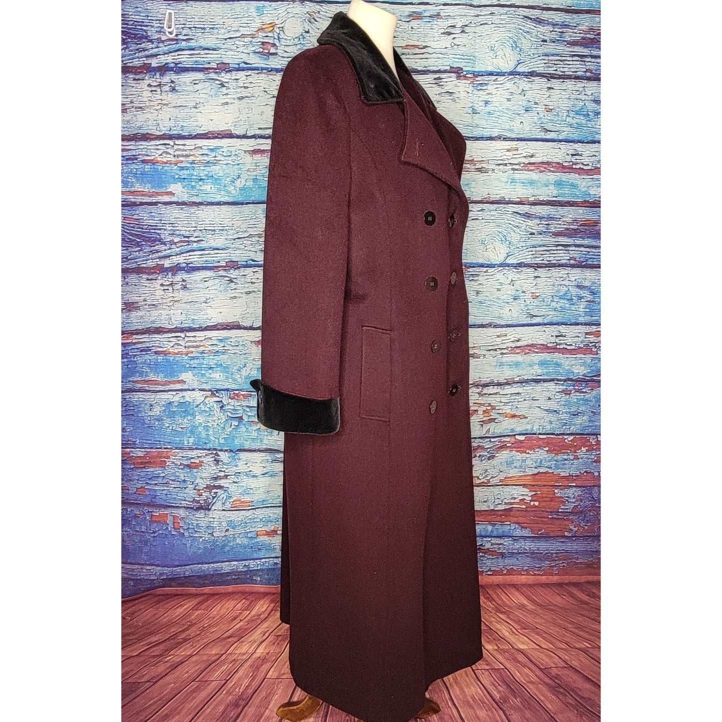 VTG Full Length Plum Colored Wool Coat w/ Velour collar and sleeves