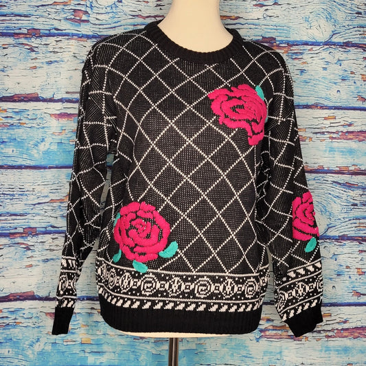 Vintage Lucia  Black Knit Sweater w/ Roses. Size Medium