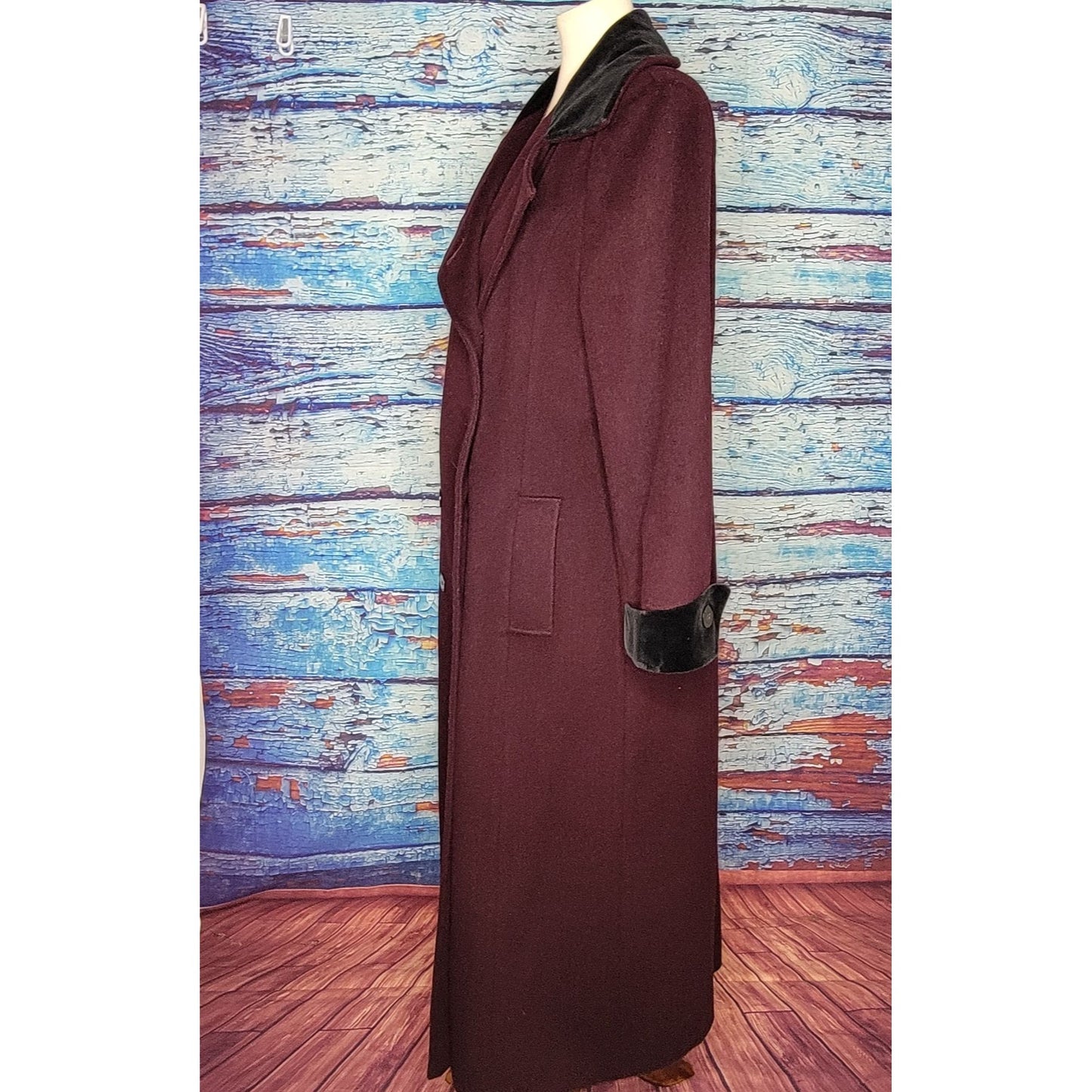 VTG Full Length Plum Colored Wool Coat w/ Velour collar and sleeves